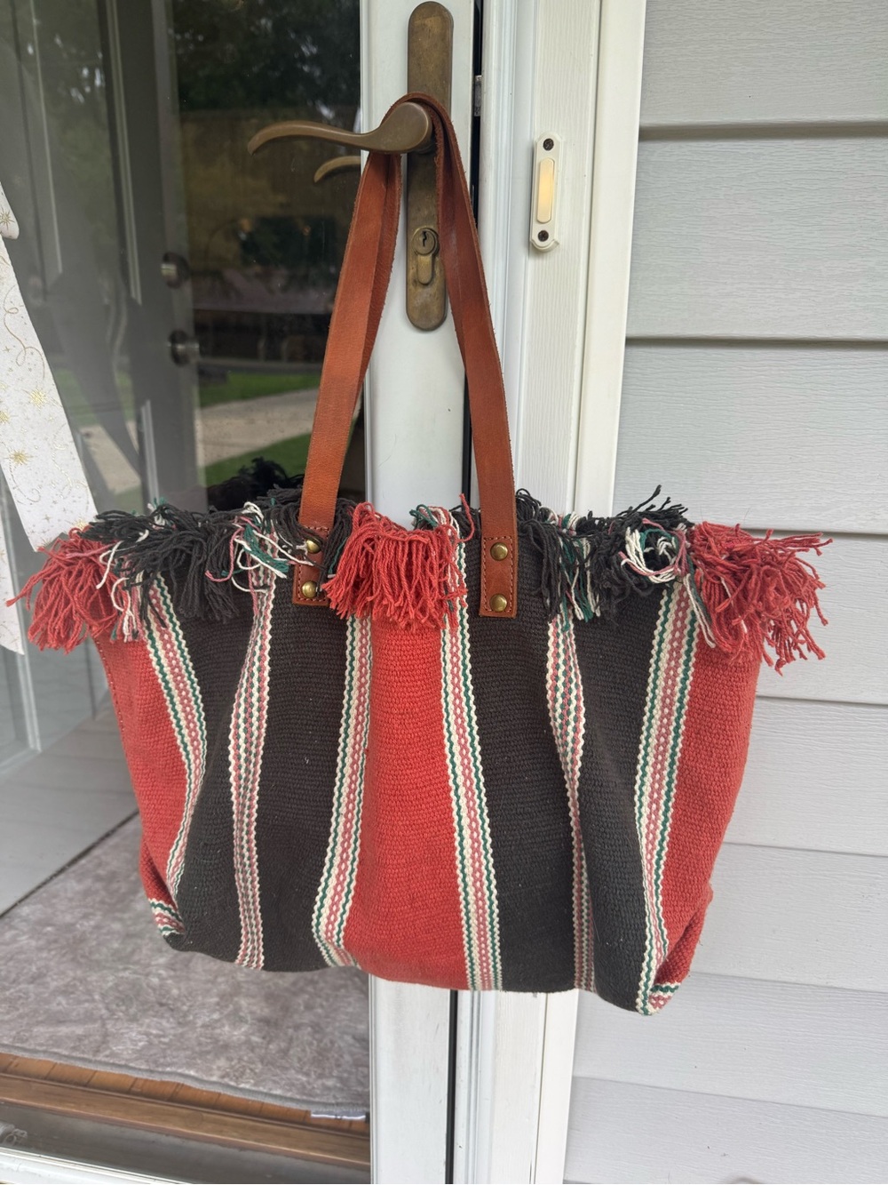 Free People Red and Brown Striped Fringe Tote